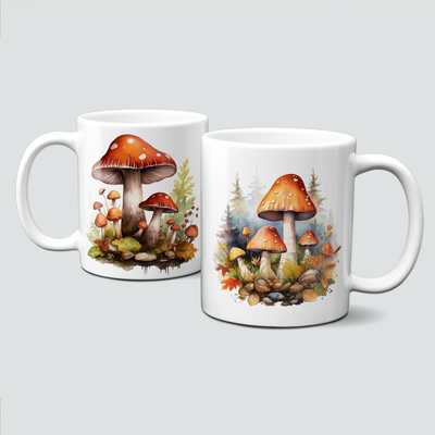 Tasse mit Pilzen im Herbst mit vielen bunten Blättern