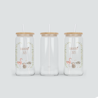 Glas Becher für Schulkinder mit Flamingo - inkl. Bambus Deckel mit Strohhalm