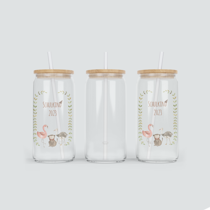 Glas Becher für Schulkinder mit Flamingo - inkl. Bambus Deckel mit Strohhalm