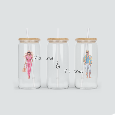 Personalisierter Glas Becher für Pärchen in Pink inkl. Bambus Deckel &amp; Strohhalm