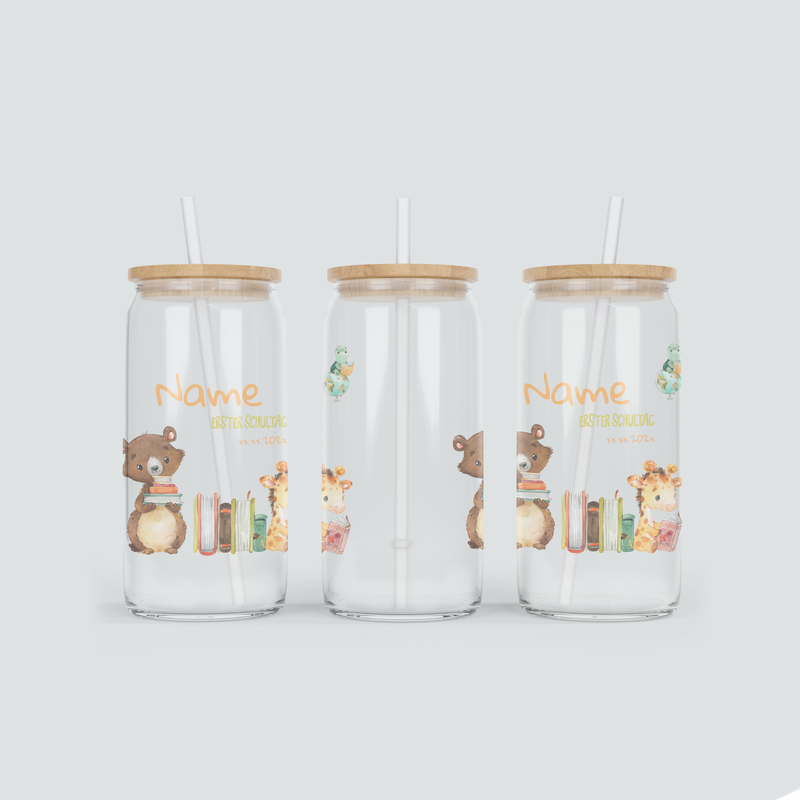 Personalisierter Glas Becher zum ersten Schultag - inkl. Bambus Deckel mit Strohhalm