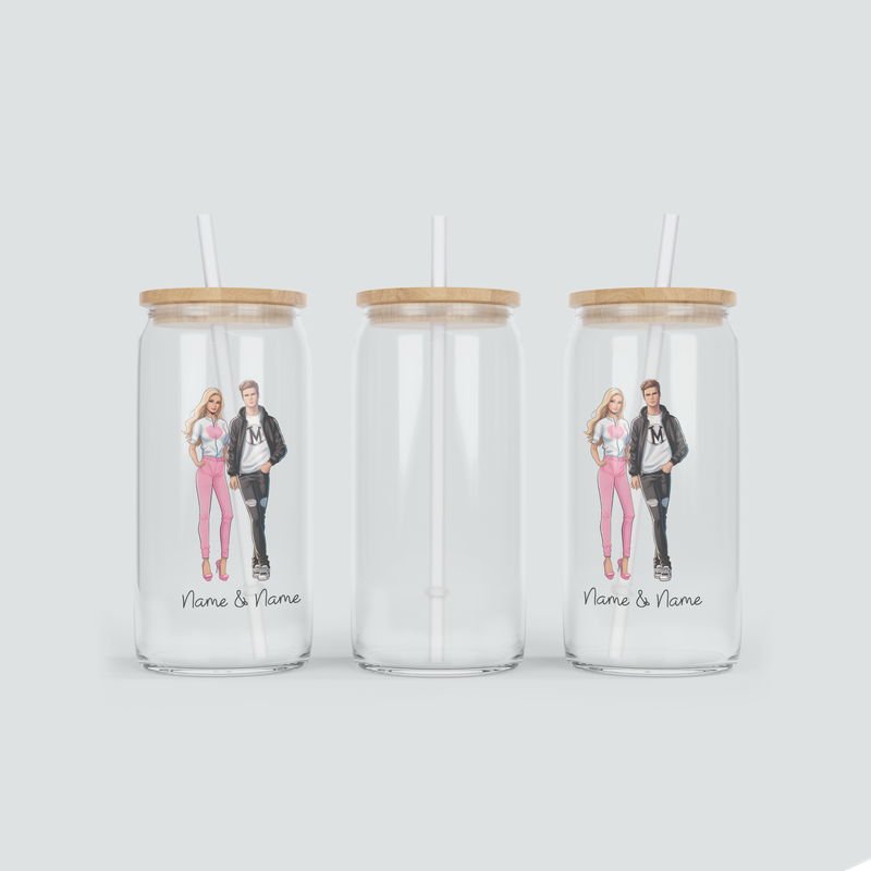 Personalisierter Glas Becher für Pärchen in Pink inkl. Bambus Deckel &amp; Strohhalm