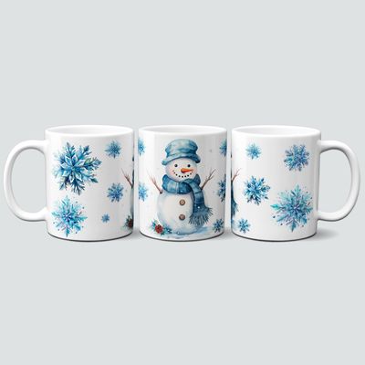 Tasse mit lustigem Schneemann und vielen Schneeflocken