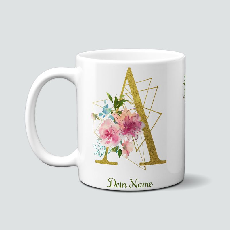 individuelle Monogrammtasse in Gold mit Rosa Blumen