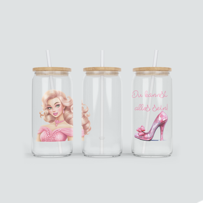 Glas Becher mit Beauty Girl in Pink inkl. Bambus Deckel mit Strohhalm