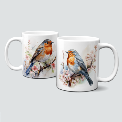 Tasse mit Rotkehlchen auf einem Zweig mit rosa Blüten Tasse mit Rotkehlchen auf einem Zweig mit rosa Blüten
