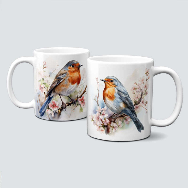 Tasse mit Rotkehlchen auf einem Zweig mit rosa Blüten