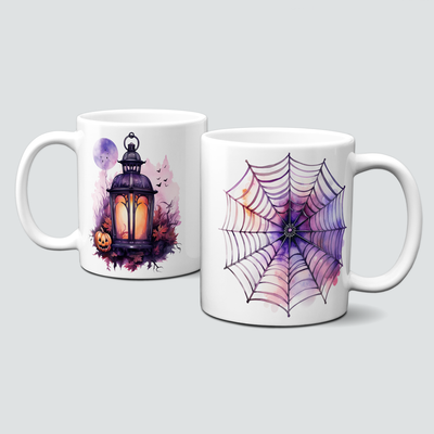 Tasse mit Halloween Motiv - Spinnennetz und Laternenlicht