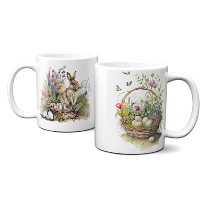 Ostertasse - Tasse mit Häschen und Wildblumen im Korb