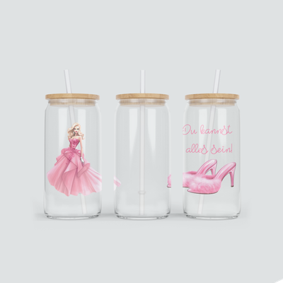 Glas Becher mit Prinzessin in Pink inkl. Bambus Deckel mit Strohhalm
