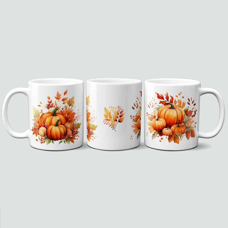 Tasse mit Herbstmotiven - Kürbisfamilie umgeben von Herbstblumen