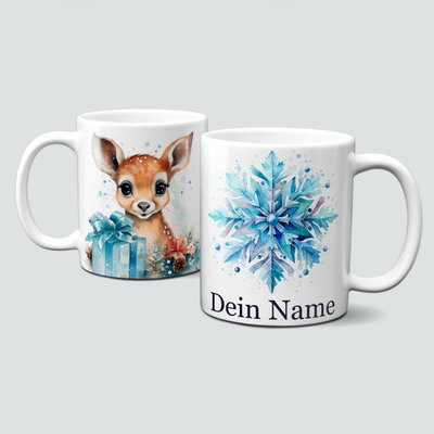 Personalisierte Wintertasse mit  süßem Hirsch und Schneeflocke