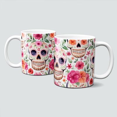 Tasse für Halloween - Totenkopf, Totenschädel mit Blumen in Pink- Orange
