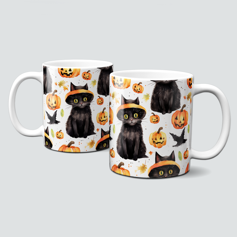 Tasse für Halloween - schwarze Katze mit orangenen Kürbissen und Fledermäusen