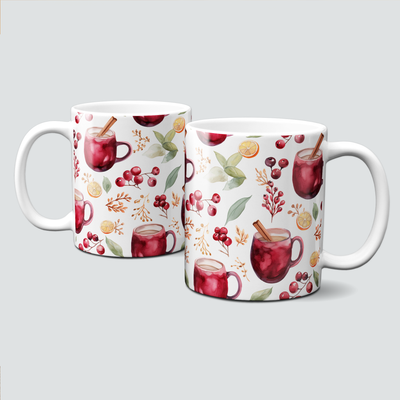 Tasse mit schönen Herbstmotiven - Glühwein, Beeren, Blätter, Zimt