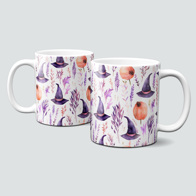 Tasse für Halloween - Hexenhüte und Kürbisse in zartem Lila und Orange Tasse für Halloween - Hexenhüte und Kürbisse in zartem Lila und Orange