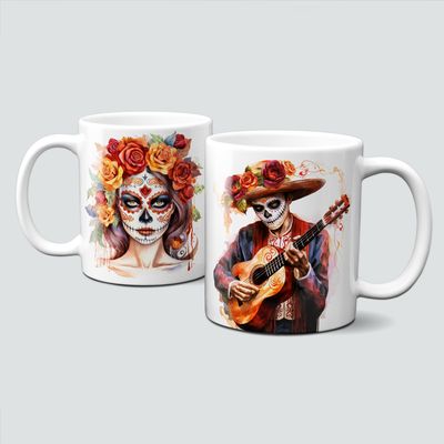 Tasse für Halloween - La Catrina, dunkle Magie, Mann mit Gitarre, Frau Tasse für Halloween - La Catrina, dunkle Magie, Mann mit Gitarre, Frau