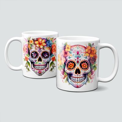 Tasse für Halloween - La Catrina, dunkle Magie, Totenköpfe, bunte Blumen, Augen