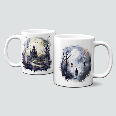 Tasse für Halloween - verwunschenes Schloss, Mond, Frau, Fledermäuse, Mitternacht Tasse für Halloween - verwunschenes Schloss, Mond, Frau, Fledermäuse, Mitternacht