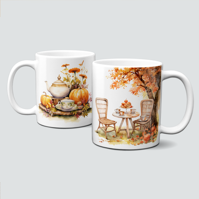 Tasse mit schönen Herbstmotiven - Zweisamkeit mit Tee unter der Kastanie