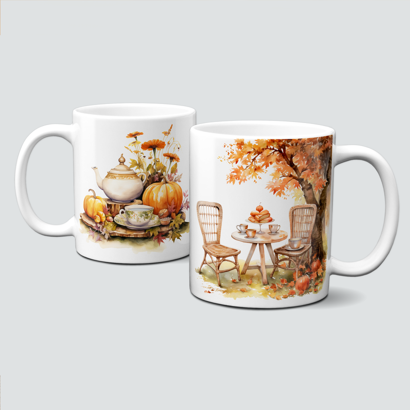 Tasse mit schönen Herbstmotiven - Zweisamkeit mit Tee unter der Kastanie