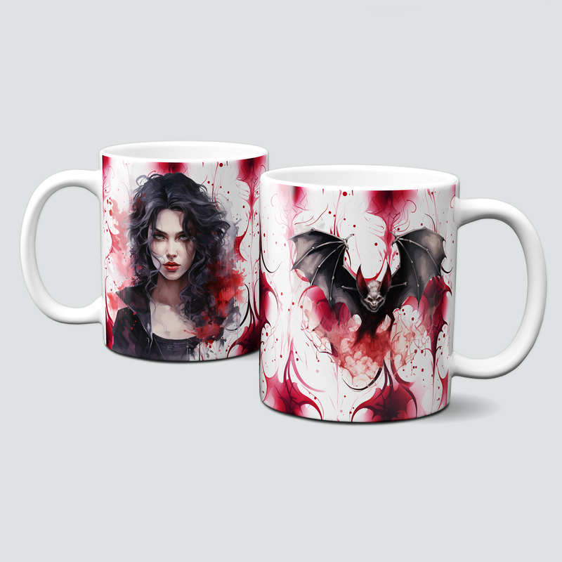 Tasse mit Halloween Motiv - schaurig schön in rot-schwarz - Vampir &amp; Fledermaus