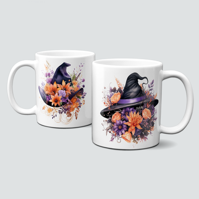 Tasse für Halloween - Hexenhut umgeben von Herbstblumen in Orange und Lila