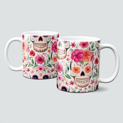 Tasse für Halloween - Totenkopf, Totenschädel mit Blumen in Pink und Orange Tasse für Halloween - Totenkopf, Totenschädel mit Blumen in Pink und Orange