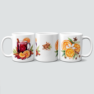 Tasse mit schönen Herbstmotiven - Glühwein, Punsch, rote Beeren, Orangen, Zimt, Anis Sterne, Rum
