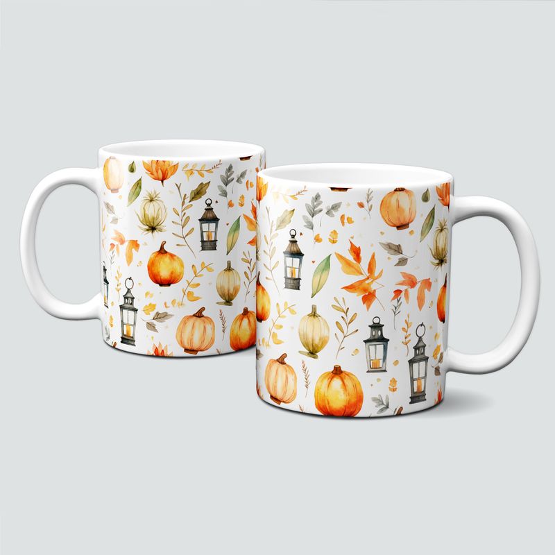 Tasse mit tollen Herbstmotiven - Kürbisse mit Laternen und Blättern