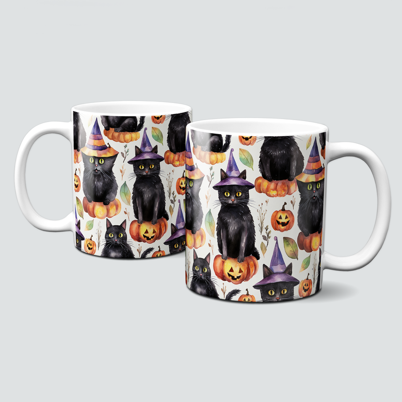 Tasse für Halloween - schwarze Katze mit Hexenhut und Kürbissen
