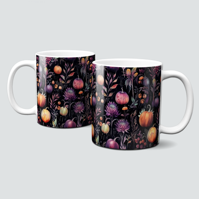 Tasse für den Herbst - schwarze Hintergrund mit Kürbissen und Blumen