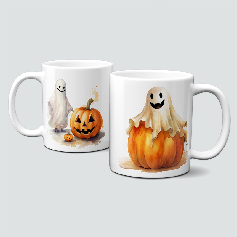 Tasse mit Halloween Motiv - Gespenster mit Kürbissen - gostly
