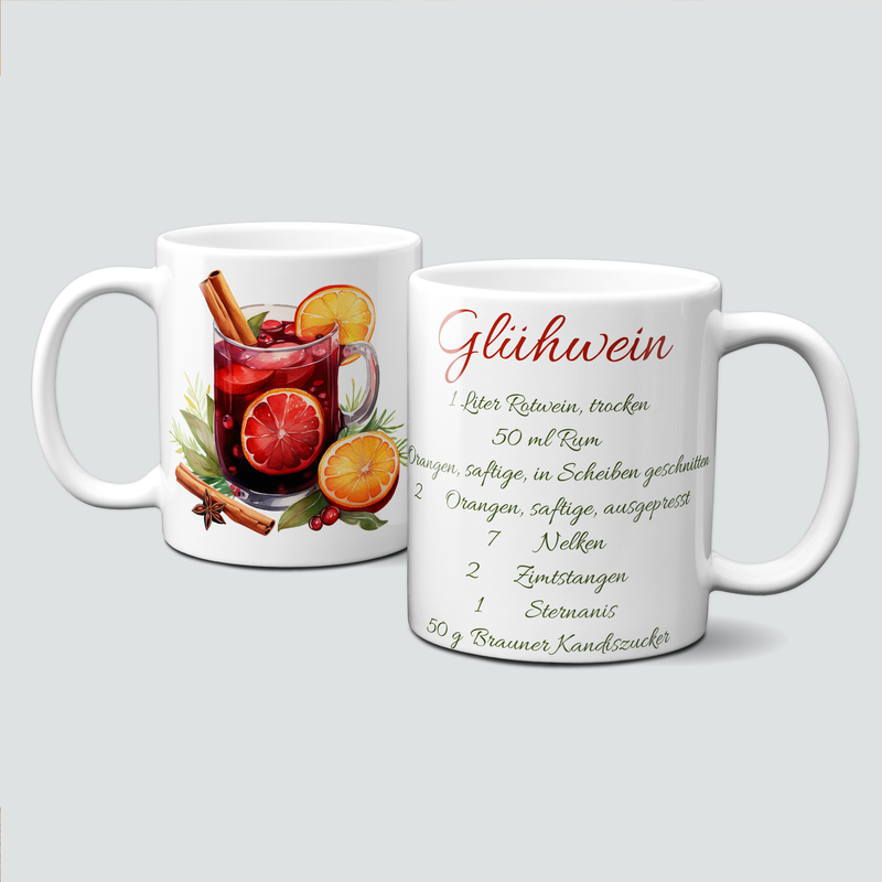 Tasse mit schönen Herbstmotiven - Glühwein, rote Beeren, Orangen, Zimt, Anis Sterne, Rum, incl. Rezept