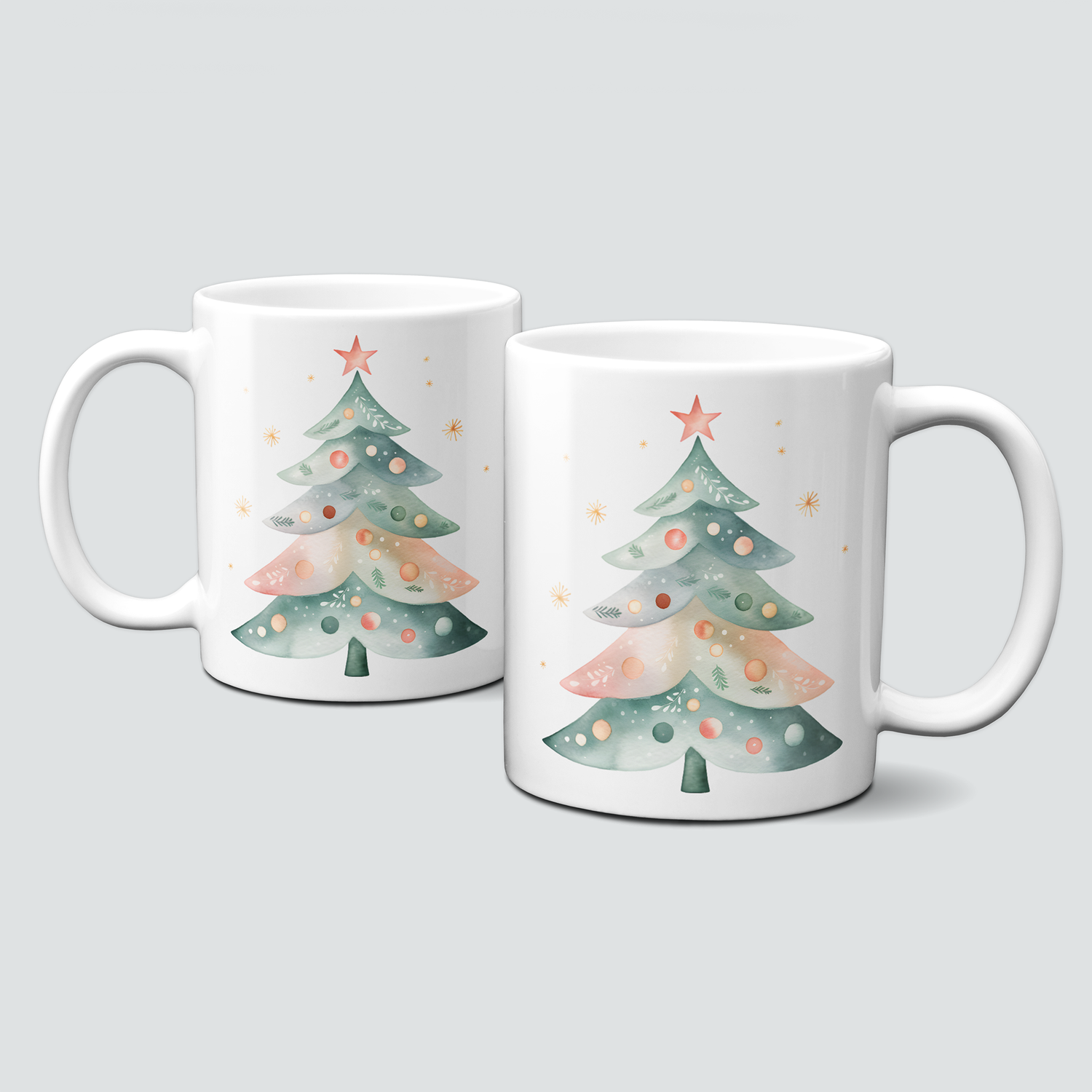 Keramiktasse mit Weihnachtsmotiv-Winter-bunter Baum-grün-rosa