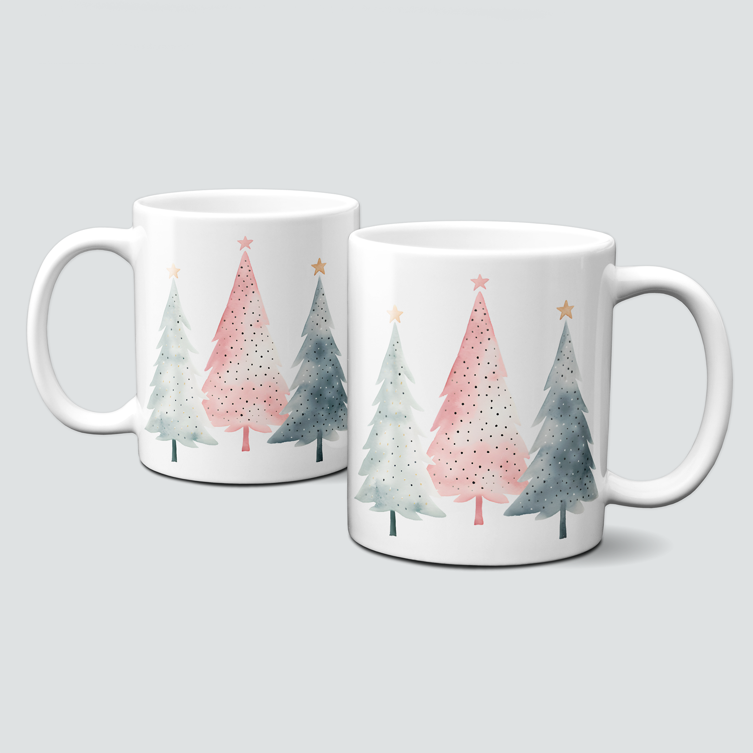 Keramiktasse mit Weihnachtsmotiv-Winter-bunte Bäume-grün-rosa