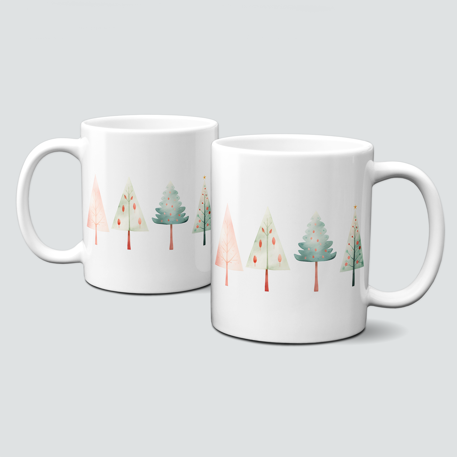 Keramiktasse mit Weihnachtsmotiv-Winter-bunte Weihnachtsbäume-rosa-mint