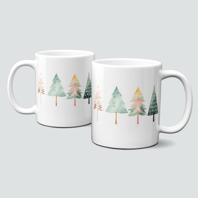 Keramiktasse mit Weihnachtsmotiv-Winter-bunte Weihnachtsbäume-rosa-mint-grün