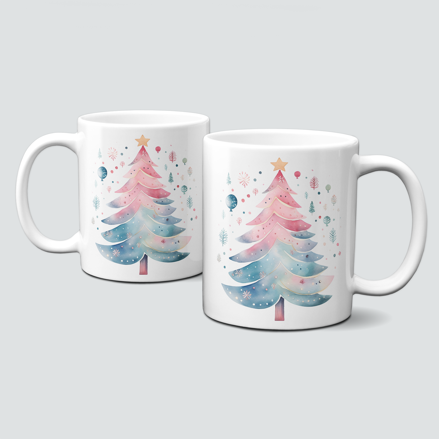 Keramiktasse mit Weihnachtsmotiv-Winter-bunter Weihnachtsbaum-rosa-mint