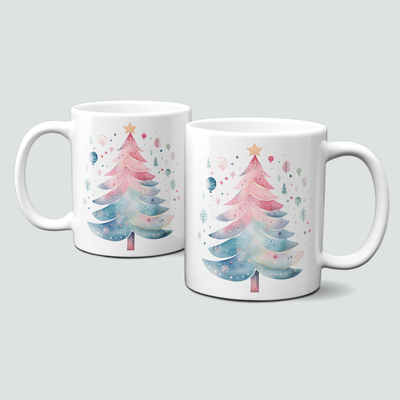Keramiktasse mit Weihnachtsmotiv-Winter-bunter Weihnachtsbaum-rosa-mint