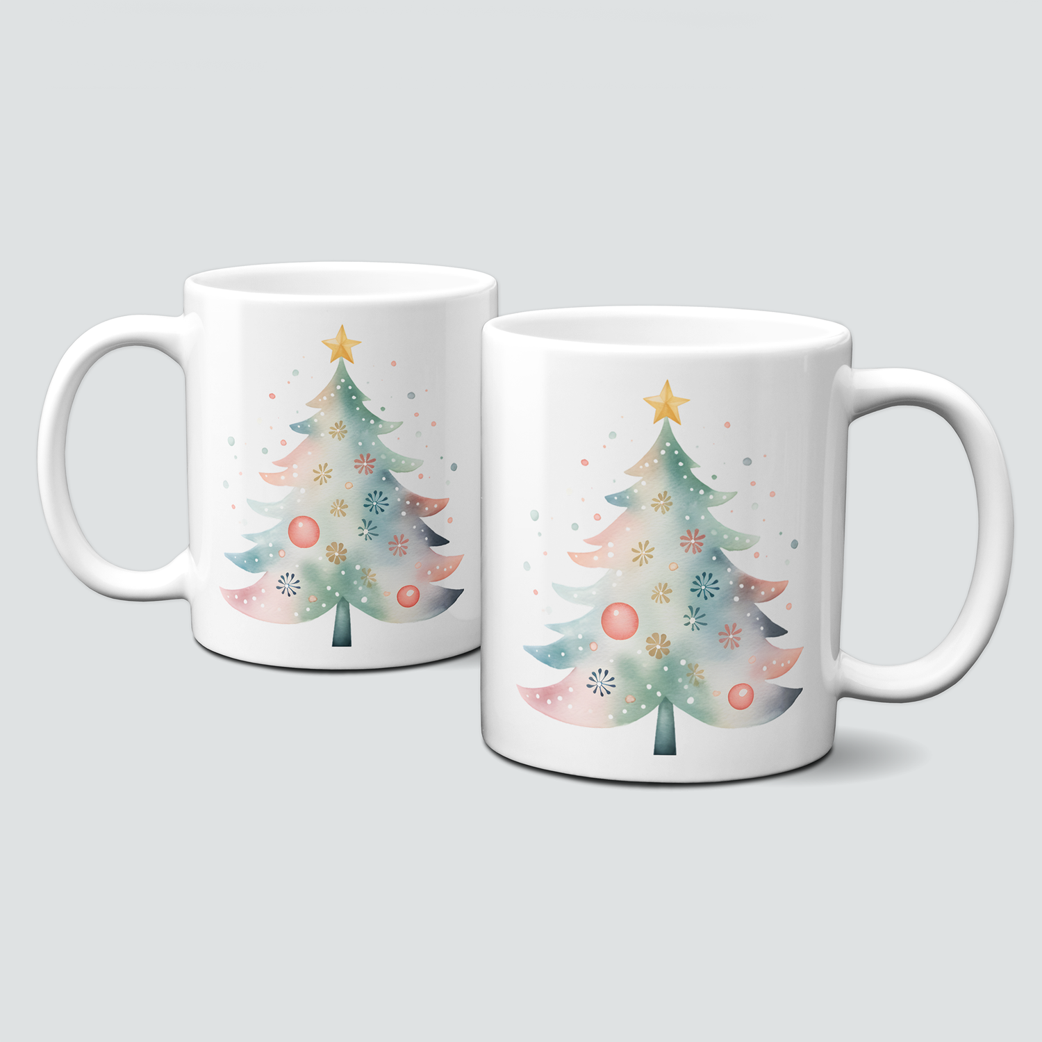 Keramiktasse mit Weihnachtsmotiv-Winter-bunter Weihnachtsbaum-rosa-mint