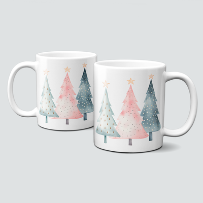 Keramiktasse mit Weihnachtsmotiv-Winter-bunte BĂ€ume-rosa-mint-blau Keramiktasse mit Weihnachtsmotiv-Winter-bunte BĂ€ume-rosa-mint-blau