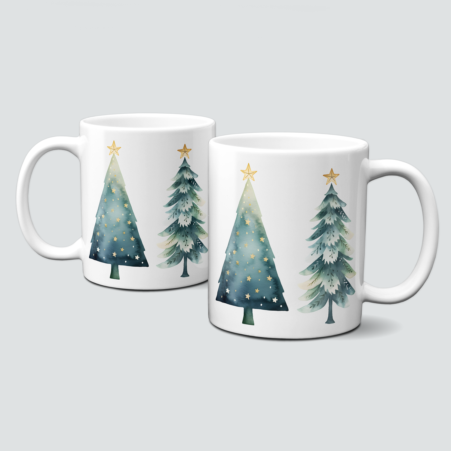 Keramiktasse mit Weihnachtsmotiv-Winter-Bäume-grün-dunkelblau