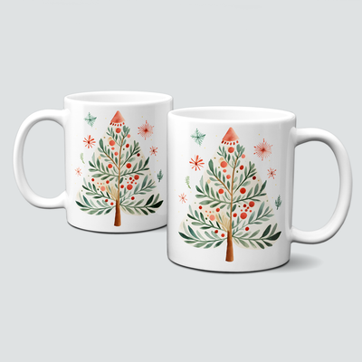 Keramiktasse mit Weihnachtsmotiv-Winter-bunter Weihnachtsbaum-grün-rot