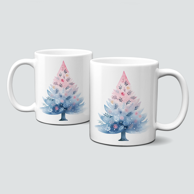 Keramiktasse mit Weihnachtsmotiv-Winter-bunter Weihnachtsbaum-rosa-blau