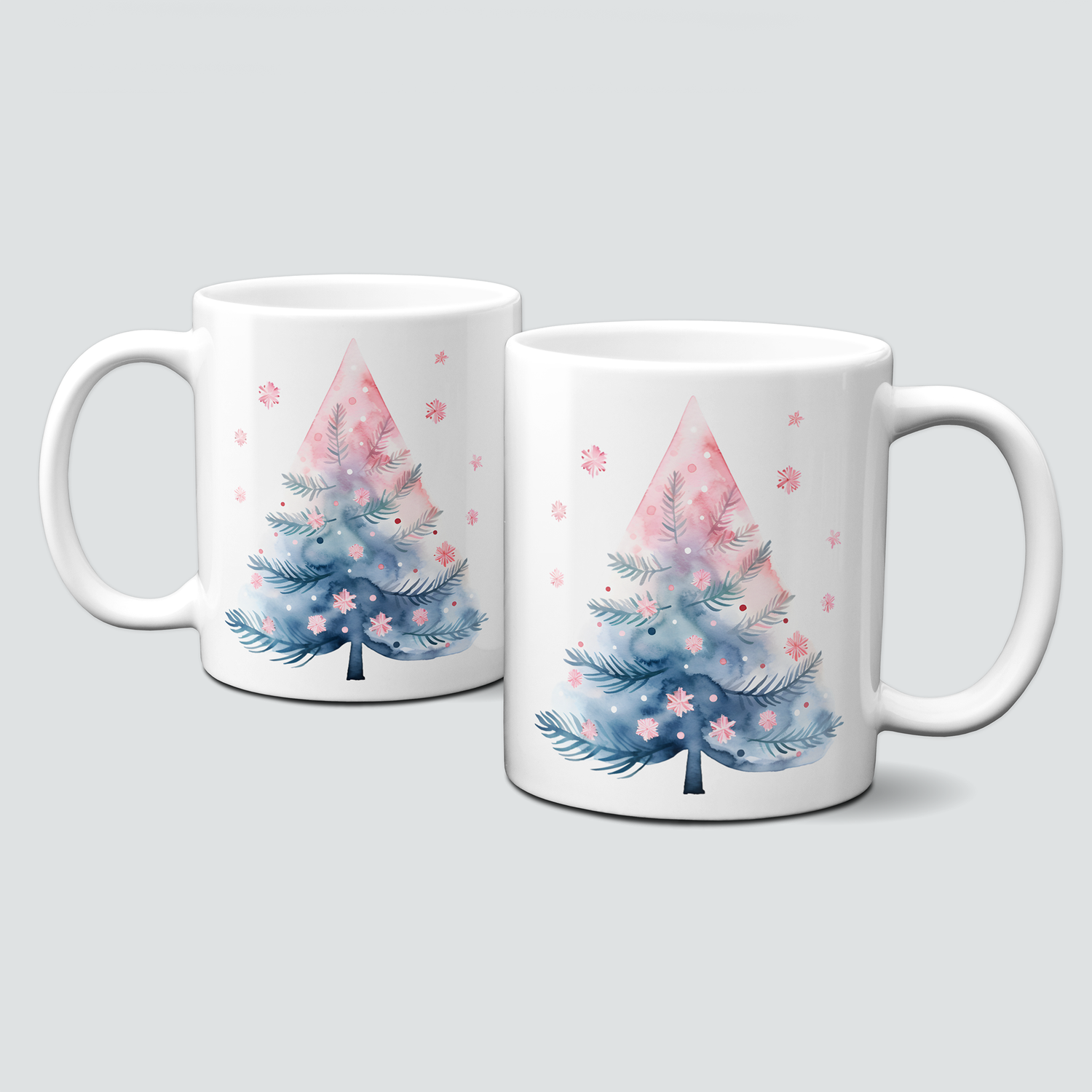 Keramiktasse mit Weihnachtsmotiv-Winter-bunter Weihnachtsbaum-rosa-dunkelblau