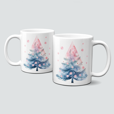 Keramiktasse mit Weihnachtsmotiv-Winter-bunter Weihnachtsbaum-rosa-dunkelblau Keramiktasse mit Weihnachtsmotiv-Winter-bunter Weihnachtsbaum-rosa-dunkelblau
