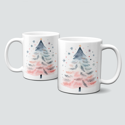 Keramiktasse mit Weihnachtsmotiv-Winter-bunter Weihnachtsbaum-rosa-dunkelblau Keramiktasse mit Weihnachtsmotiv-Winter-bunter Weihnachtsbaum-rosa-dunkelblau