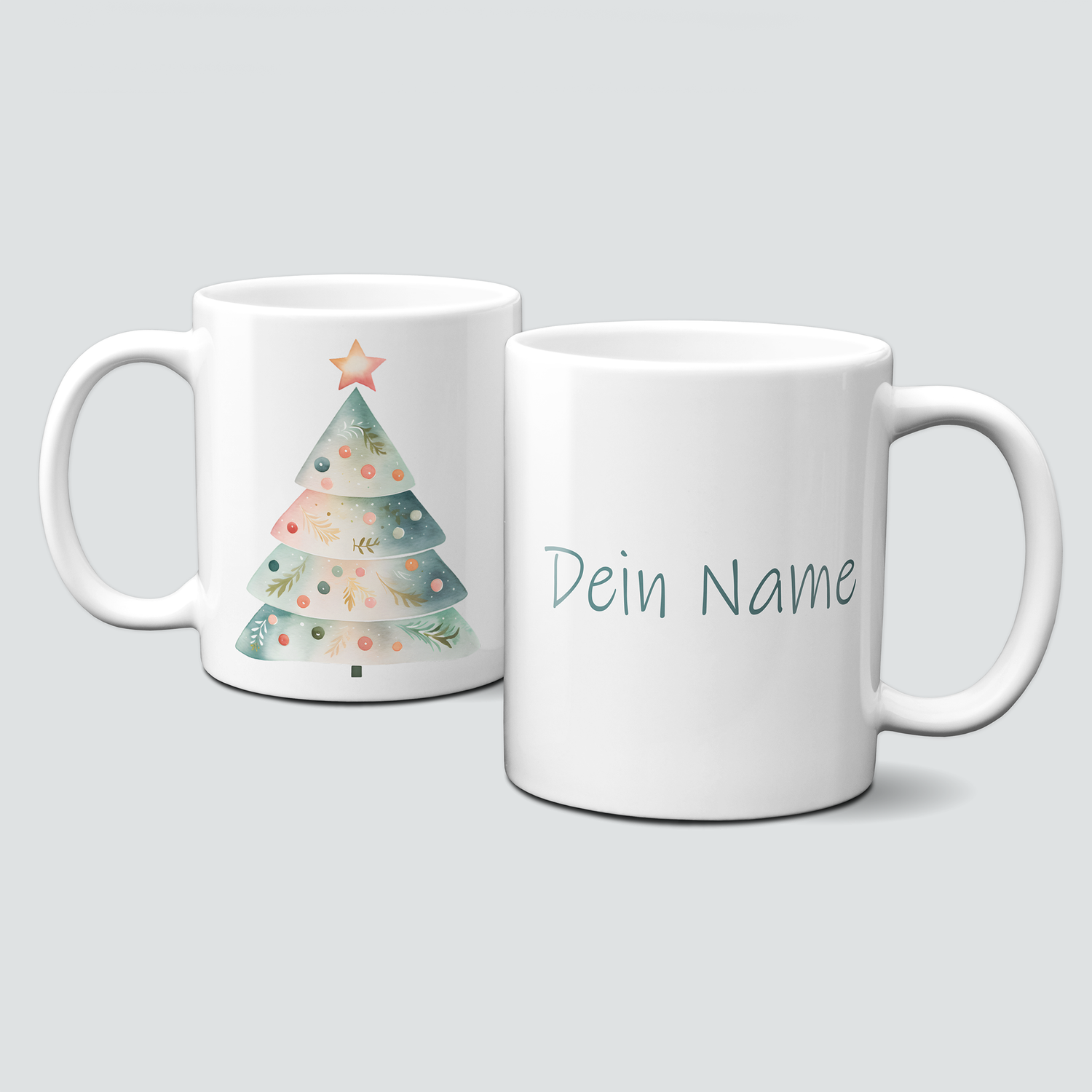Keramiktasse mit Weihnachtsmotiv-Winter-bunter Weihnachtsbaum-rosa-mint-Dein Name