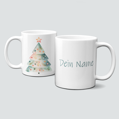 Keramiktasse mit Weihnachtsmotiv-Winter-bunter Weihnachtsbaum-rosa-mint-Dein Name